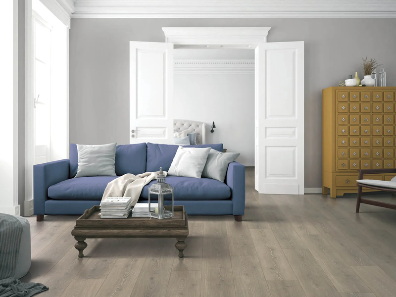 Bright Carmel IN home with a blue sofa and grey laminate flooring
